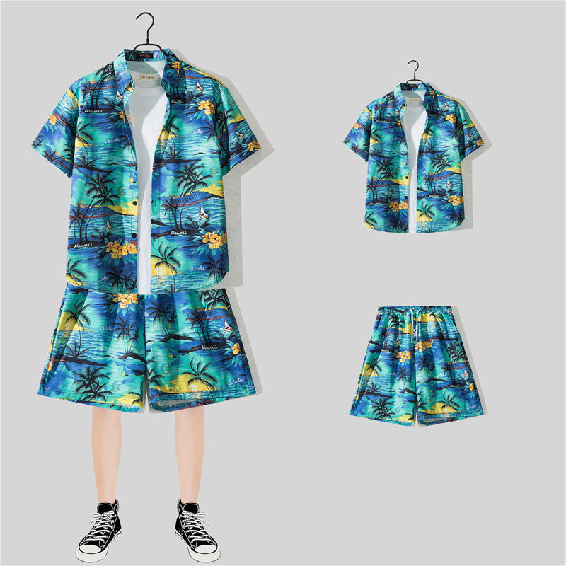 Ensemble chemise hawaïenne fleurie manches courtes - Style plage été couple