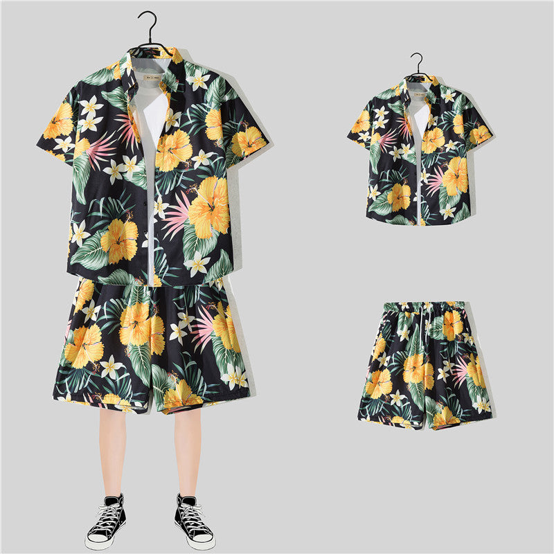 Ensemble chemise hawaïenne fleurie manches courtes - Style plage été couple