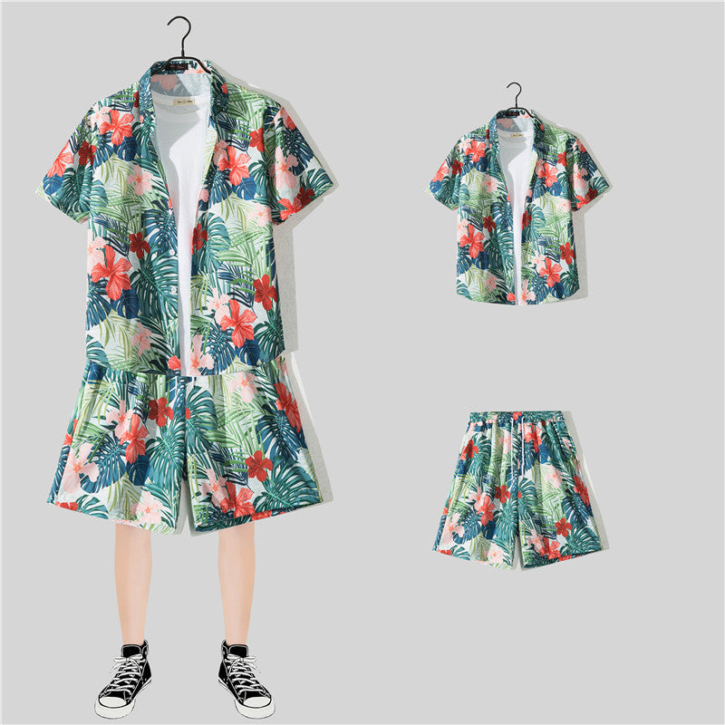 Ensemble chemise hawaïenne fleurie manches courtes - Style plage été couple