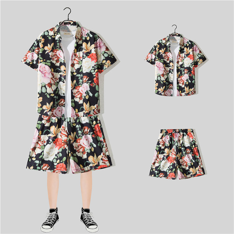 Ensemble chemise hawaïenne fleurie manches courtes - Style plage été couple