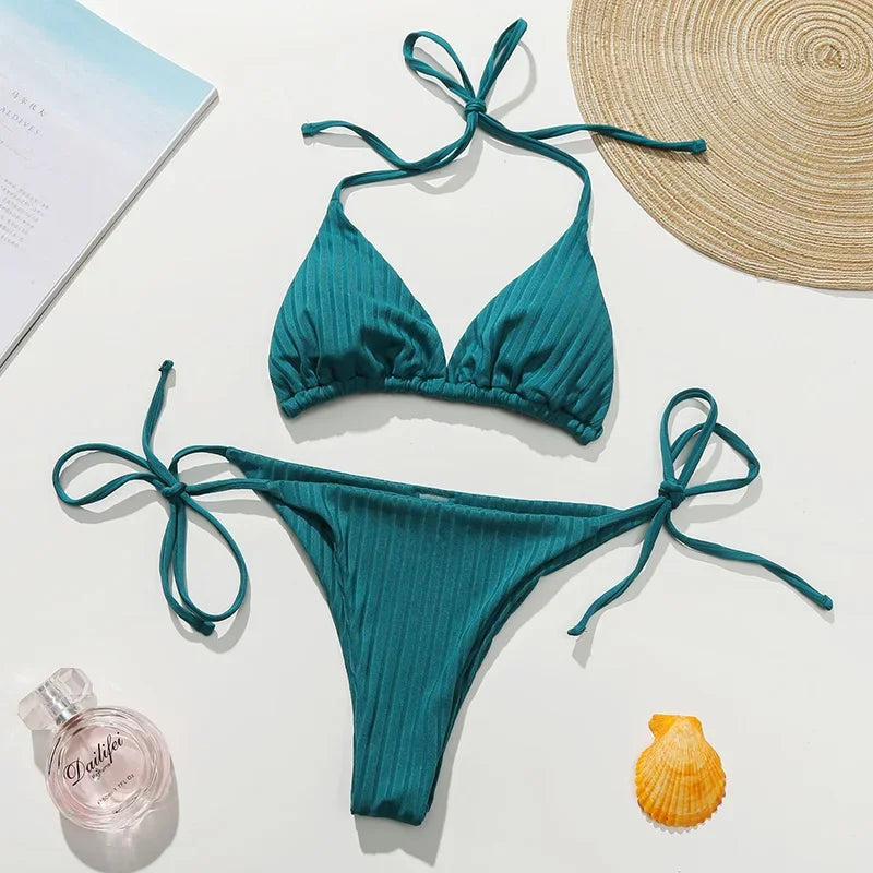 Bikini micro string côtelé - Maillot de bain 2 pièces halter