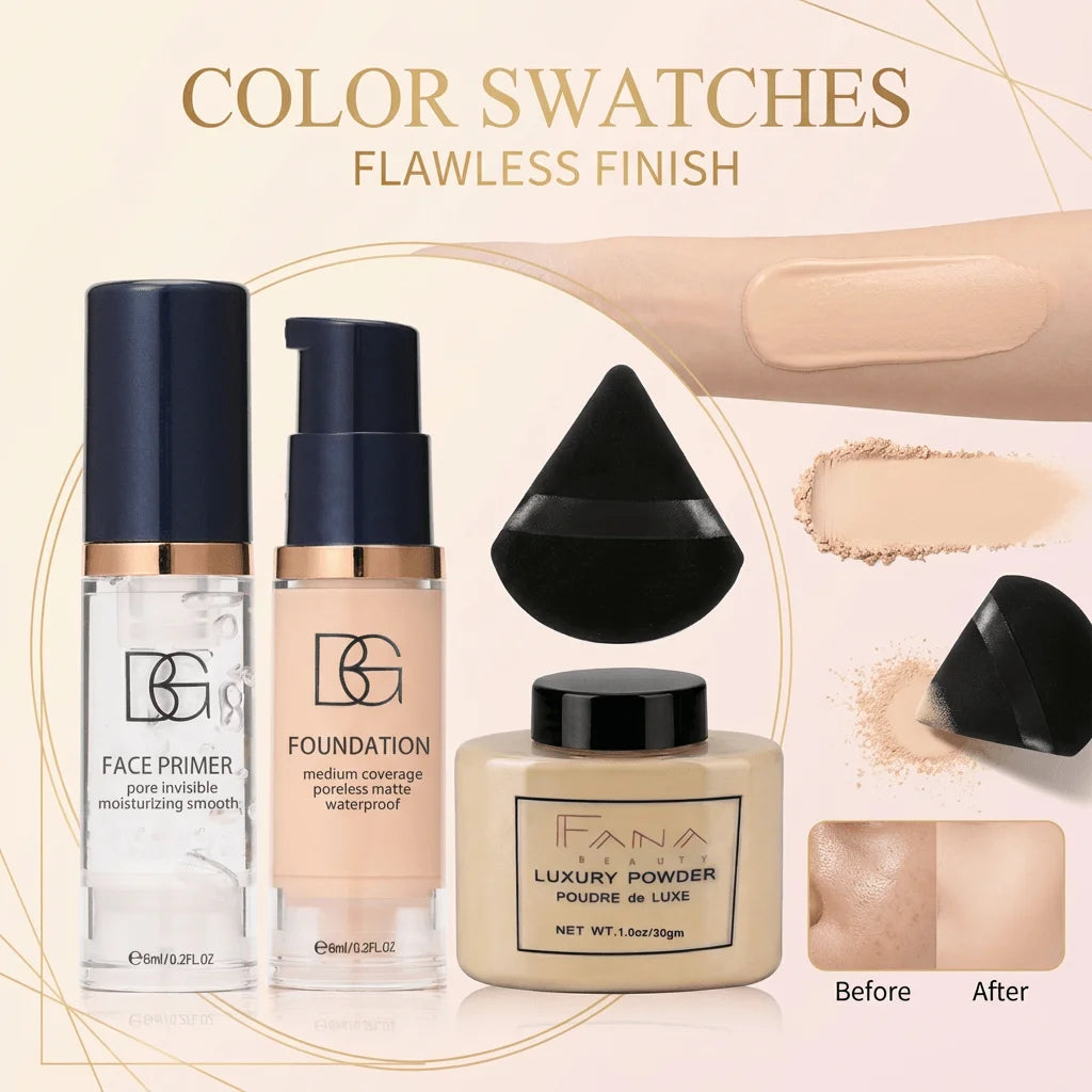 Kit maquillage 4 pièces - Base lissante, fond de teint mat, poudre fixante longue durée