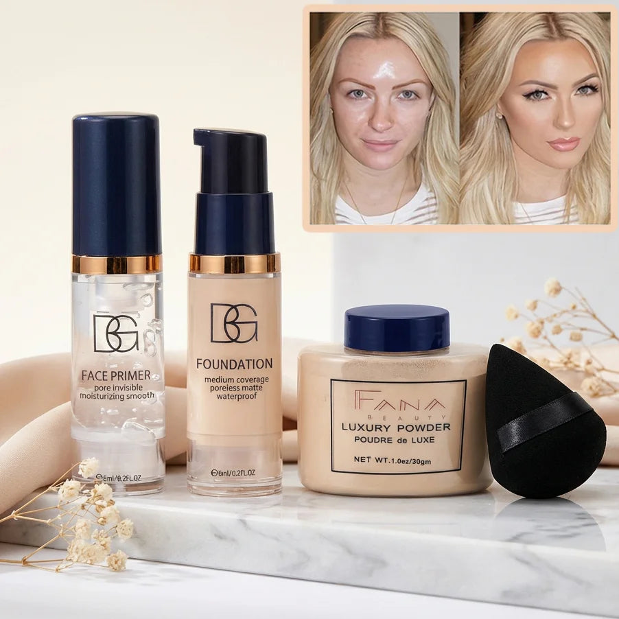 Kit maquillage 4 pièces - Base lissante, fond de teint mat, poudre fixante longue durée