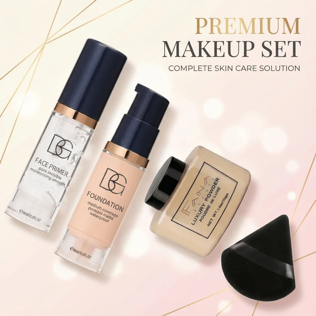 Kit maquillage 4 pièces - Base lissante, fond de teint mat, poudre fixante longue durée
