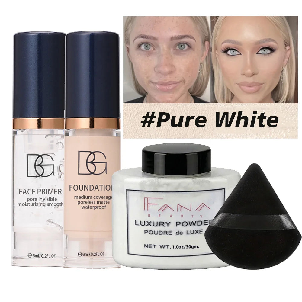 Kit maquillage 4 pièces - Base lissante, fond de teint mat, poudre fixante longue durée