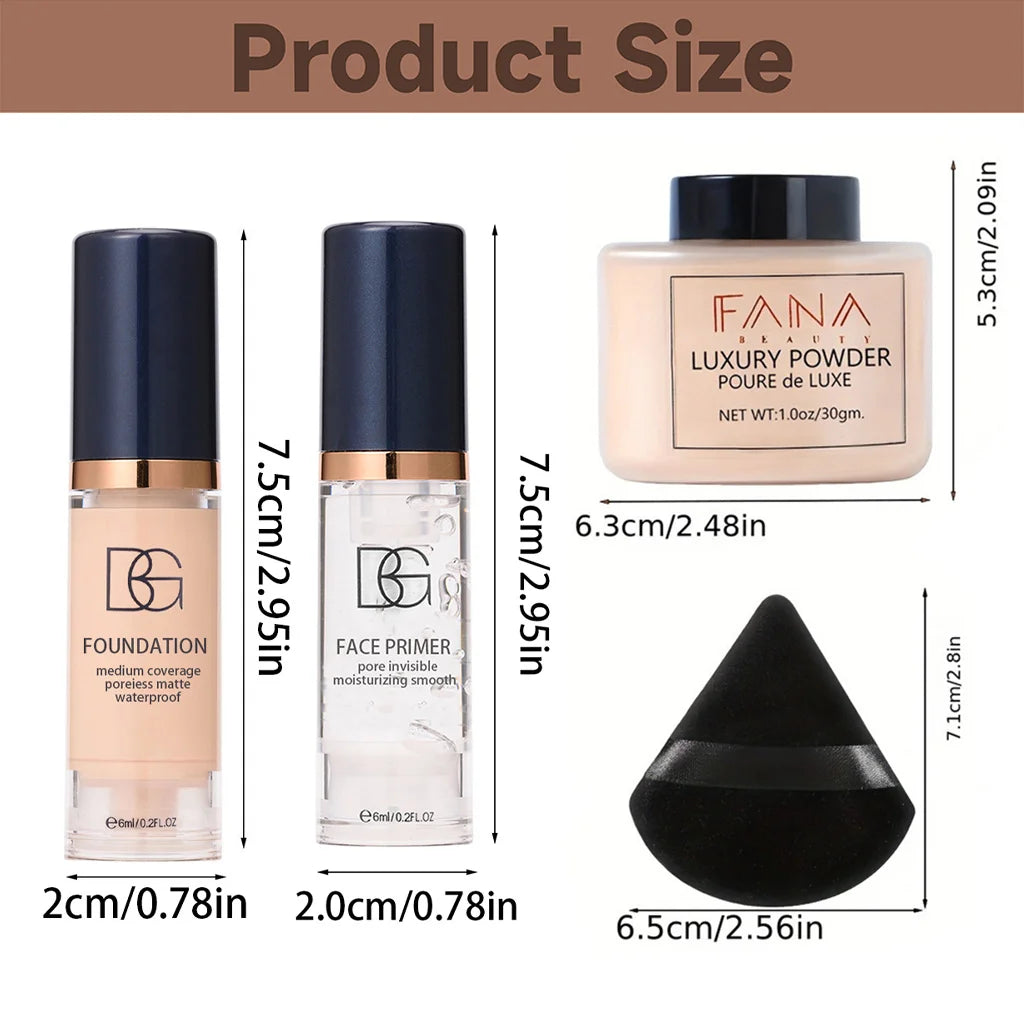 Kit maquillage 4 pièces - Base lissante, fond de teint mat, poudre fixante longue durée