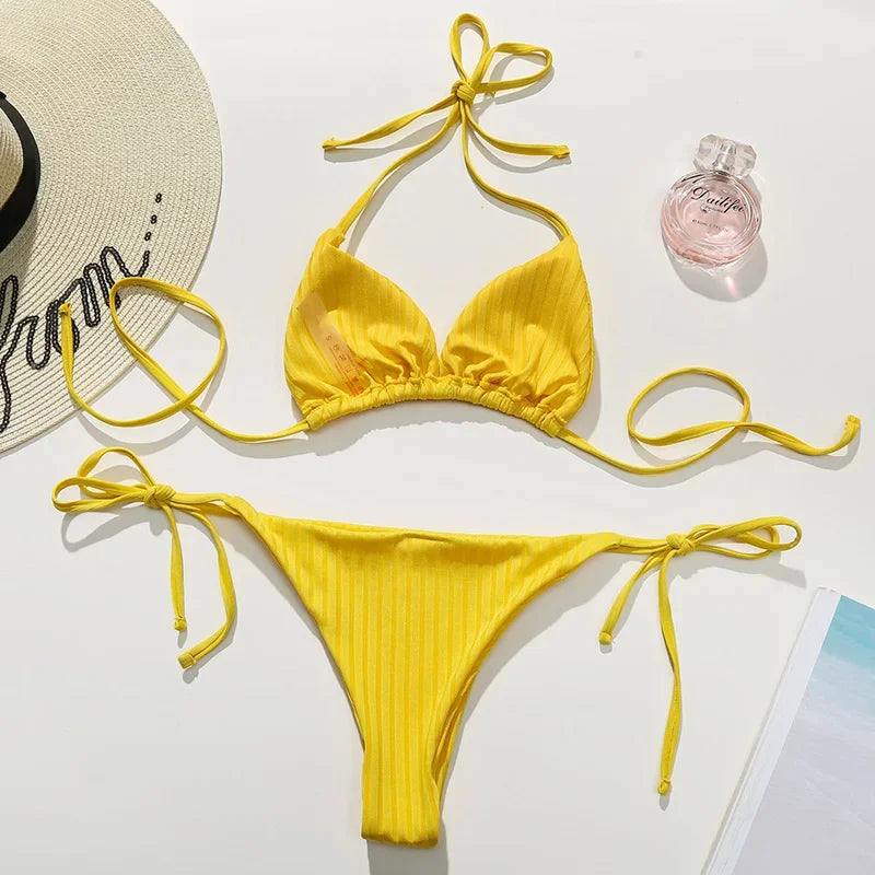 Bikini micro string côtelé - Maillot de bain 2 pièces halter