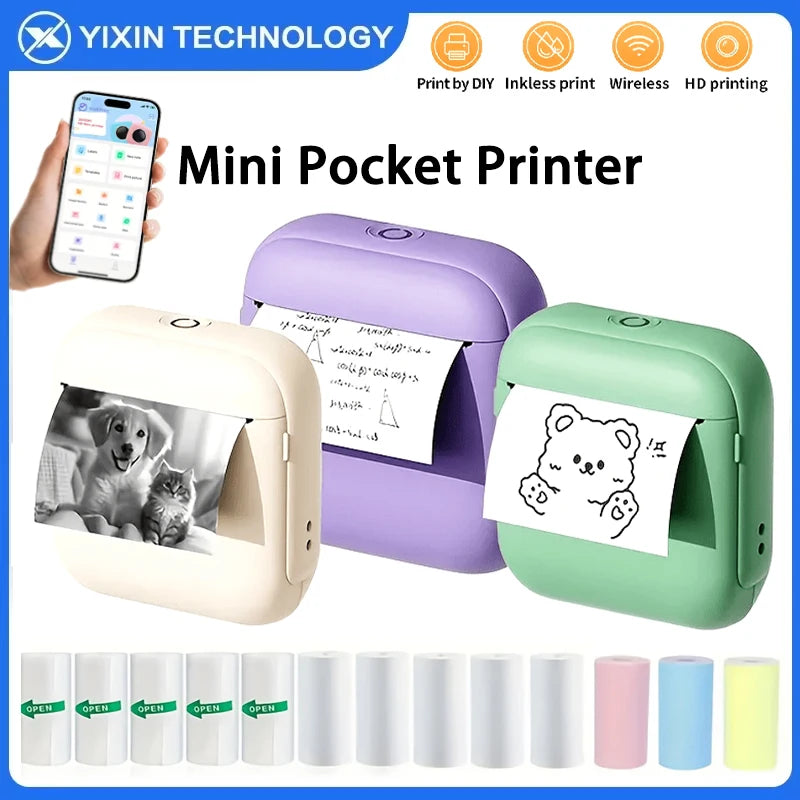 Mini Thermal Printer Pocket Printer Wireless Label Printer With IOS/Android Devices Office/Home For Journals/Memos/Notes/ Photos