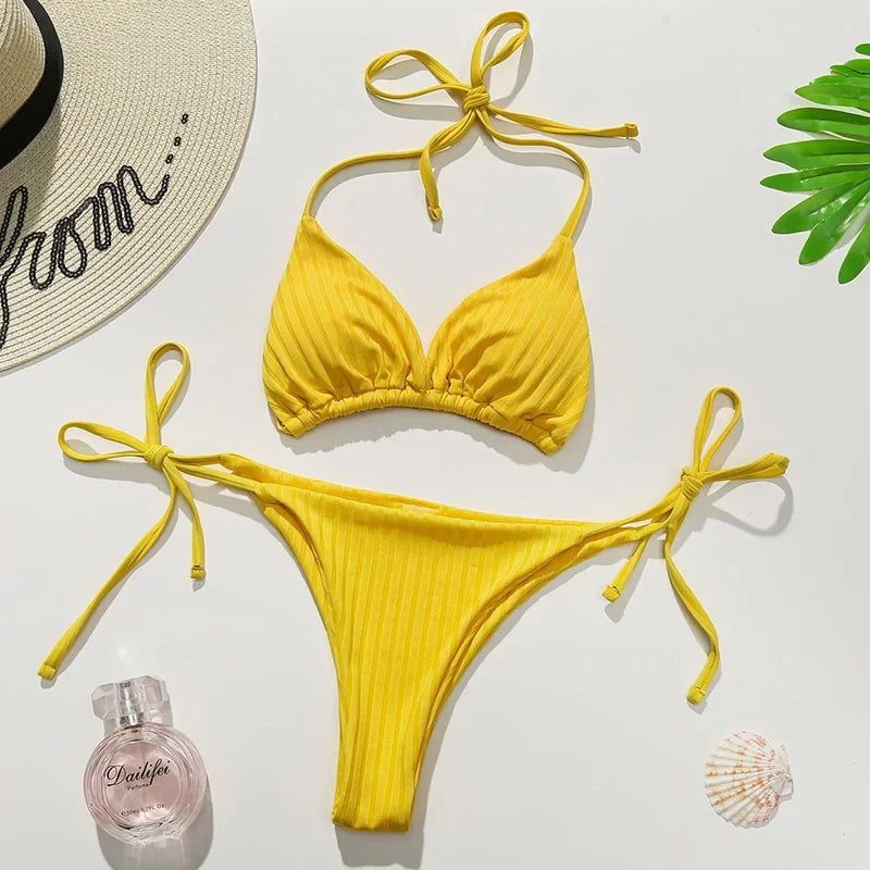 Bikini micro string côtelé - Maillot de bain 2 pièces halter