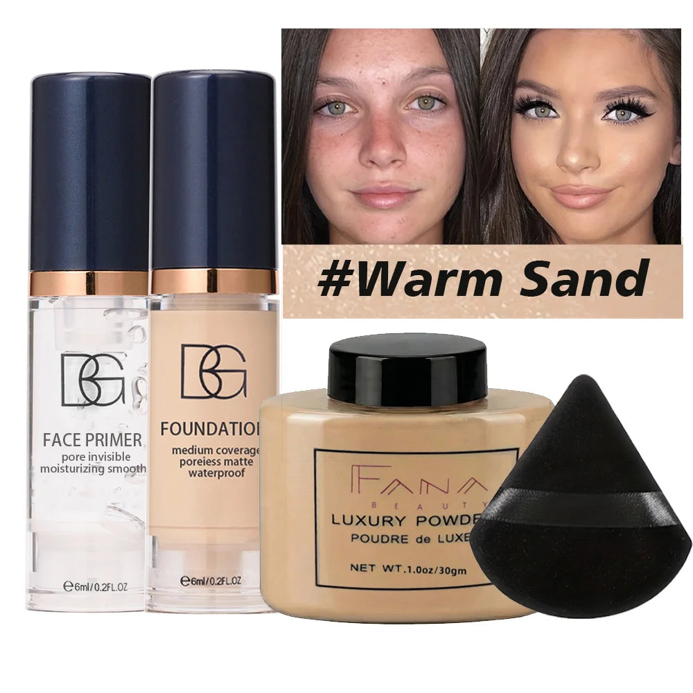 Kit maquillage 4 pièces - Base lissante, fond de teint mat, poudre fixante longue durée
