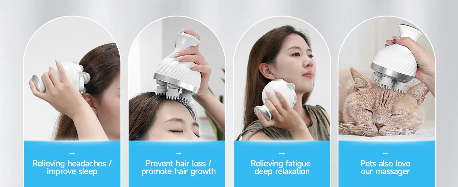 Electric Head Scalp Massager Body Massage Neck Deep Tissue 4 Kneading for Hair Growth Wireless Stress Relax and Cat Pet Claw