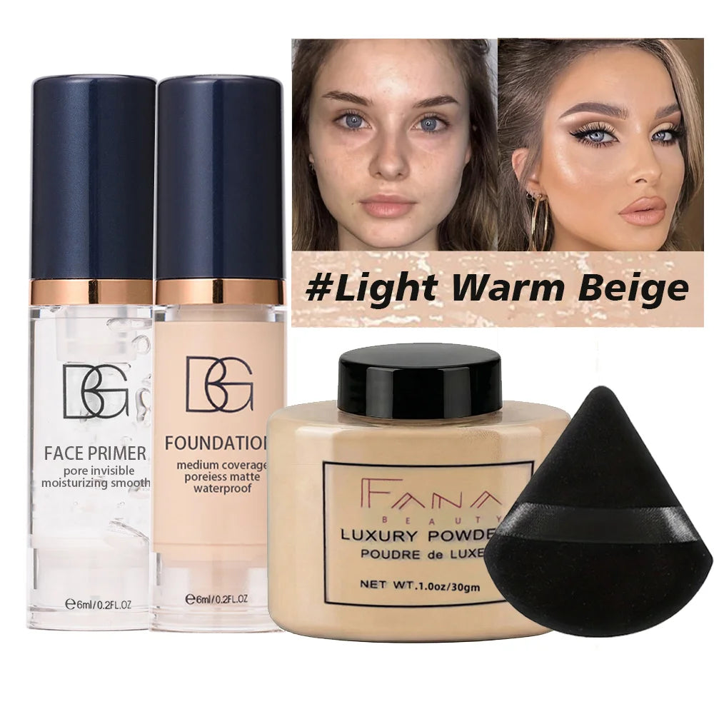 Kit maquillage 4 pièces - Base lissante, fond de teint mat, poudre fixante longue durée