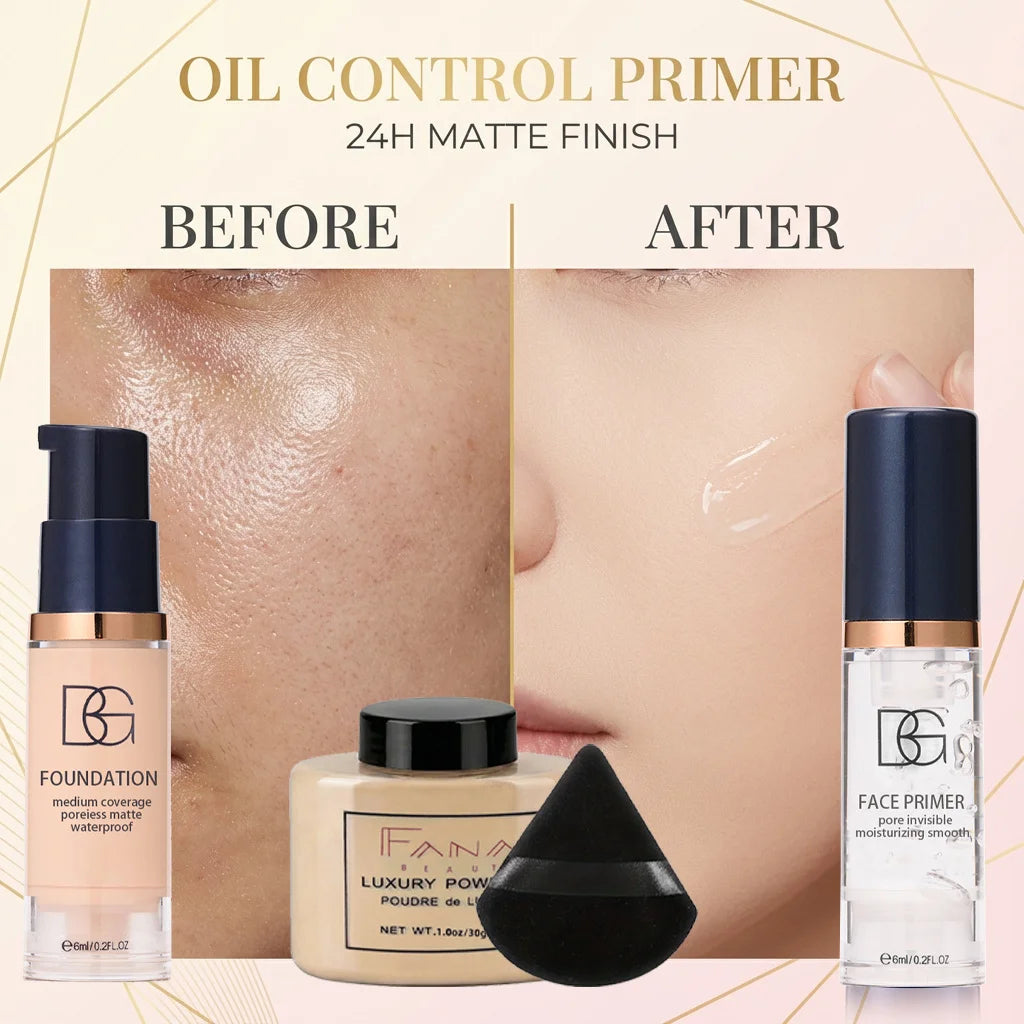 Kit maquillage 4 pièces - Base lissante, fond de teint mat, poudre fixante longue durée