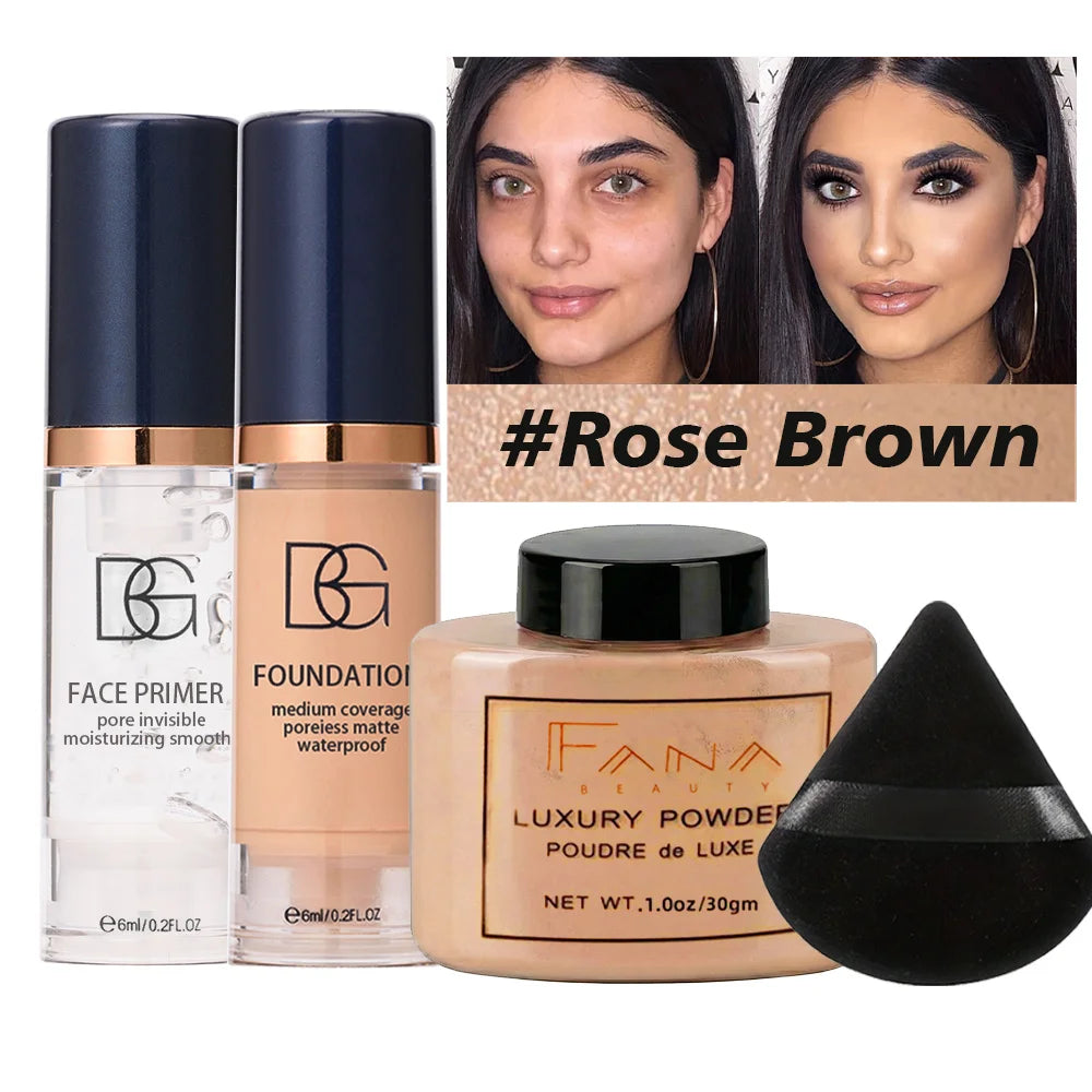 Kit maquillage 4 pièces - Base lissante, fond de teint mat, poudre fixante longue durée