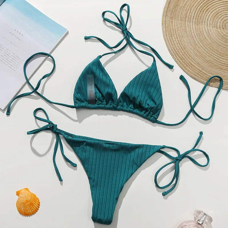 Bikini micro string côtelé - Maillot de bain 2 pièces halter